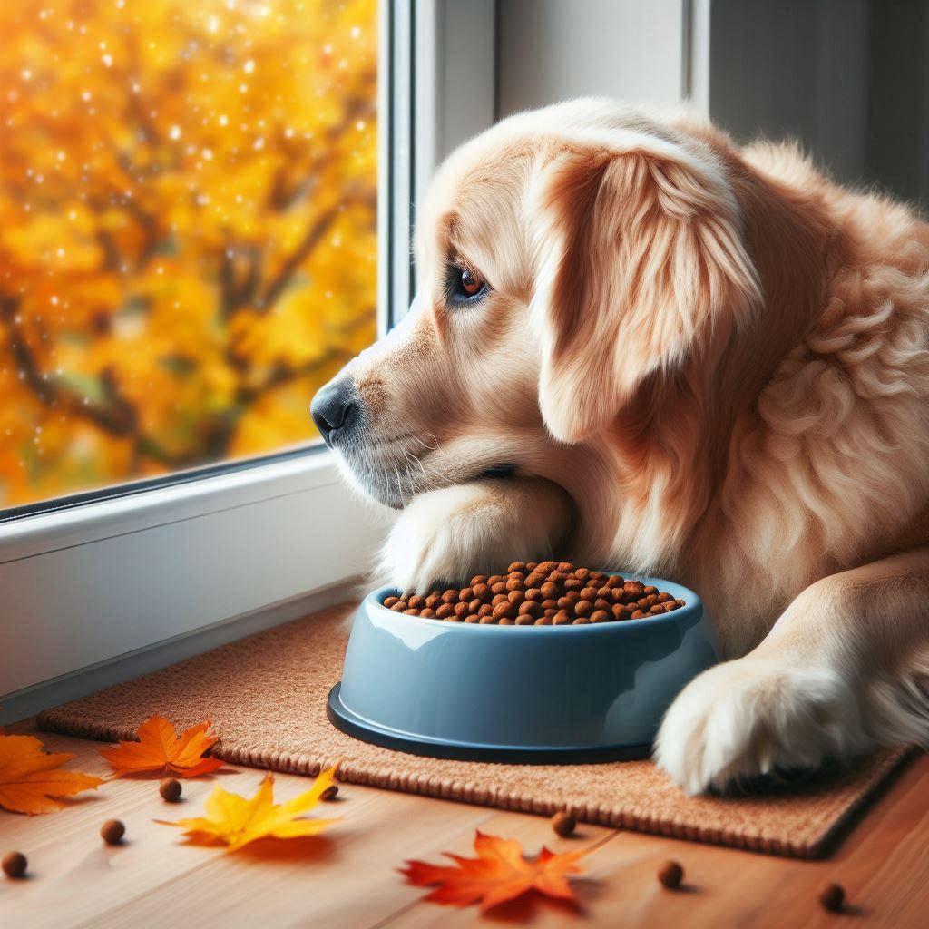 dog looking out window, not eating their food