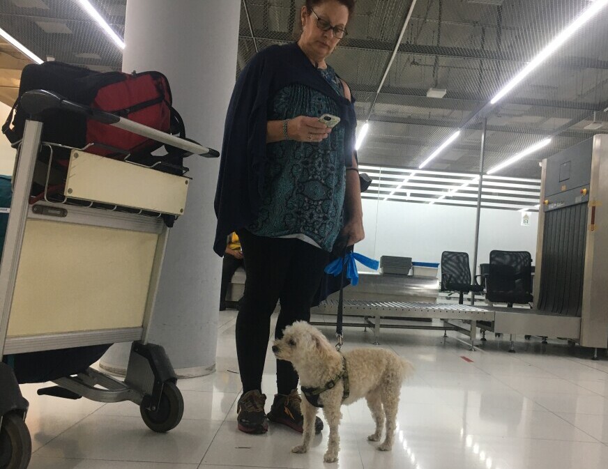 Brady and Julie waiting on paperwork in the airport